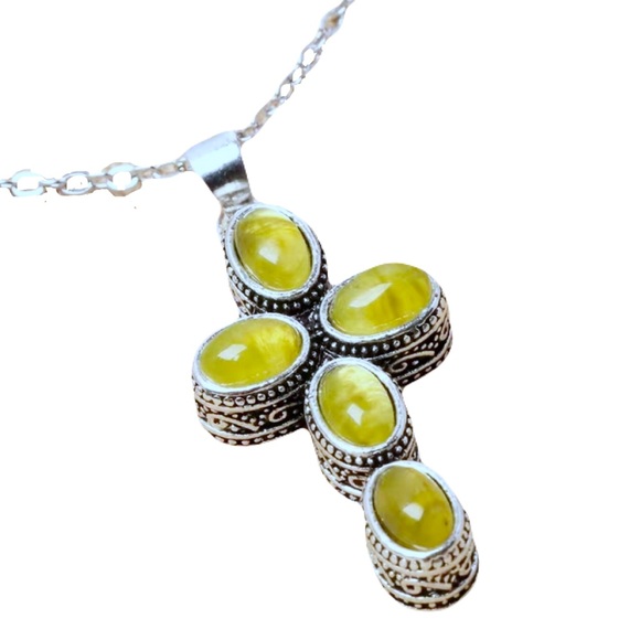 Native Jewelry - New Artisan Crafted Tanzanian Natural Canary Opal Cross Sterling Silver 2.00ct
